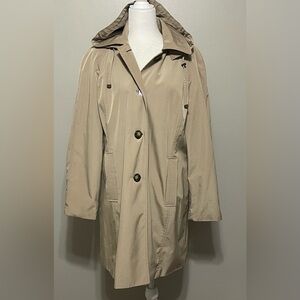 NEW London Fog Trench Coat Women Large Tan Flannel Lined Hooded Button Pockets